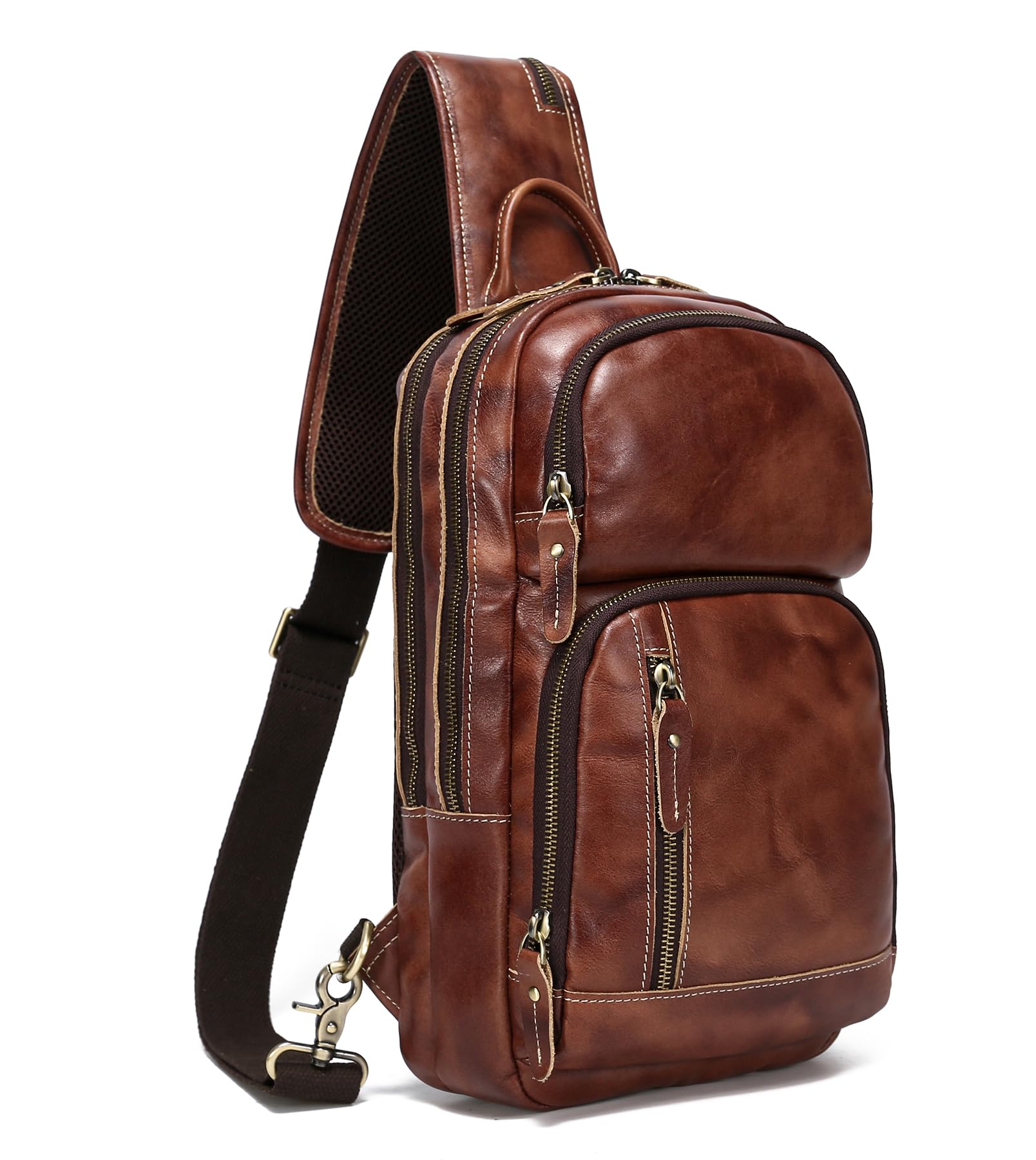 LANNSYNE Full Grain Leather Sling Bag For Men Crossbody Chest Daypack fits 10 5 iPad
