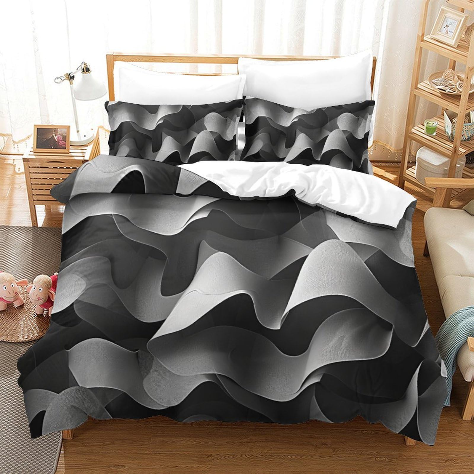 Housse de couette 200x200cm respirante parure lit double microfibre motif rayures 3D