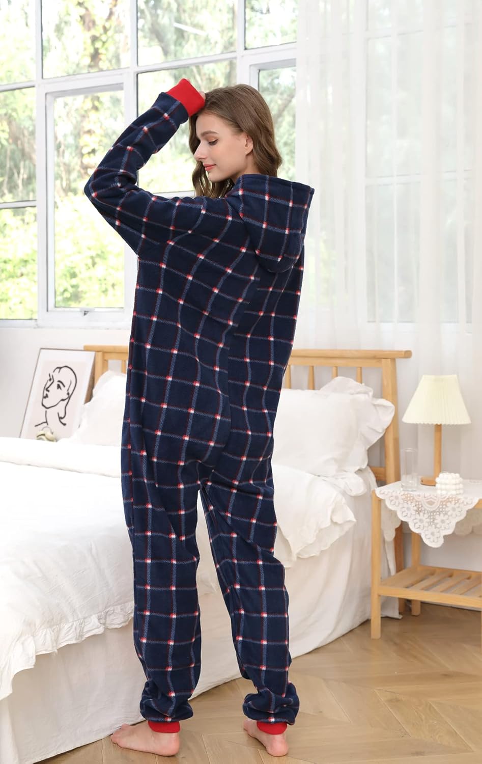 dressfan Unisex Pajamas Plaid Hooded Cozy Jumpsuit Zipper Onesie Christmas Pajamas for Family Couples Women Men - Image 4