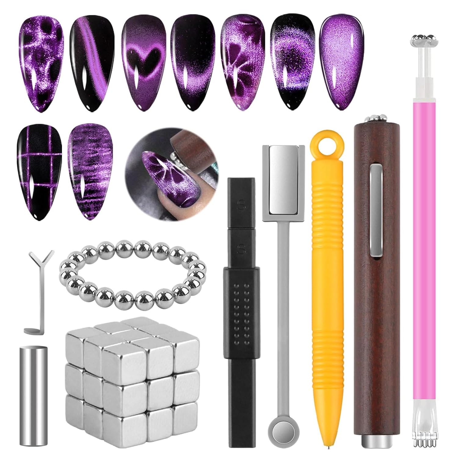 TOROKOM 54PCS Magnétique Cat Eye, 3-en-1 Aimants pour Œil-de-Chat pour Vernis Magnétique, Baguettes Magnétiques Puissantes pour Effets œil-de-chat, accessoires de nail art DIY