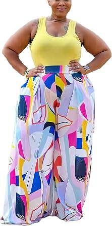 Hostoyo Casual Plus Size Wide Leg Palazzo Pants for Women Lounge High Waist Skirt Pants with Pockets Elastic Waistband