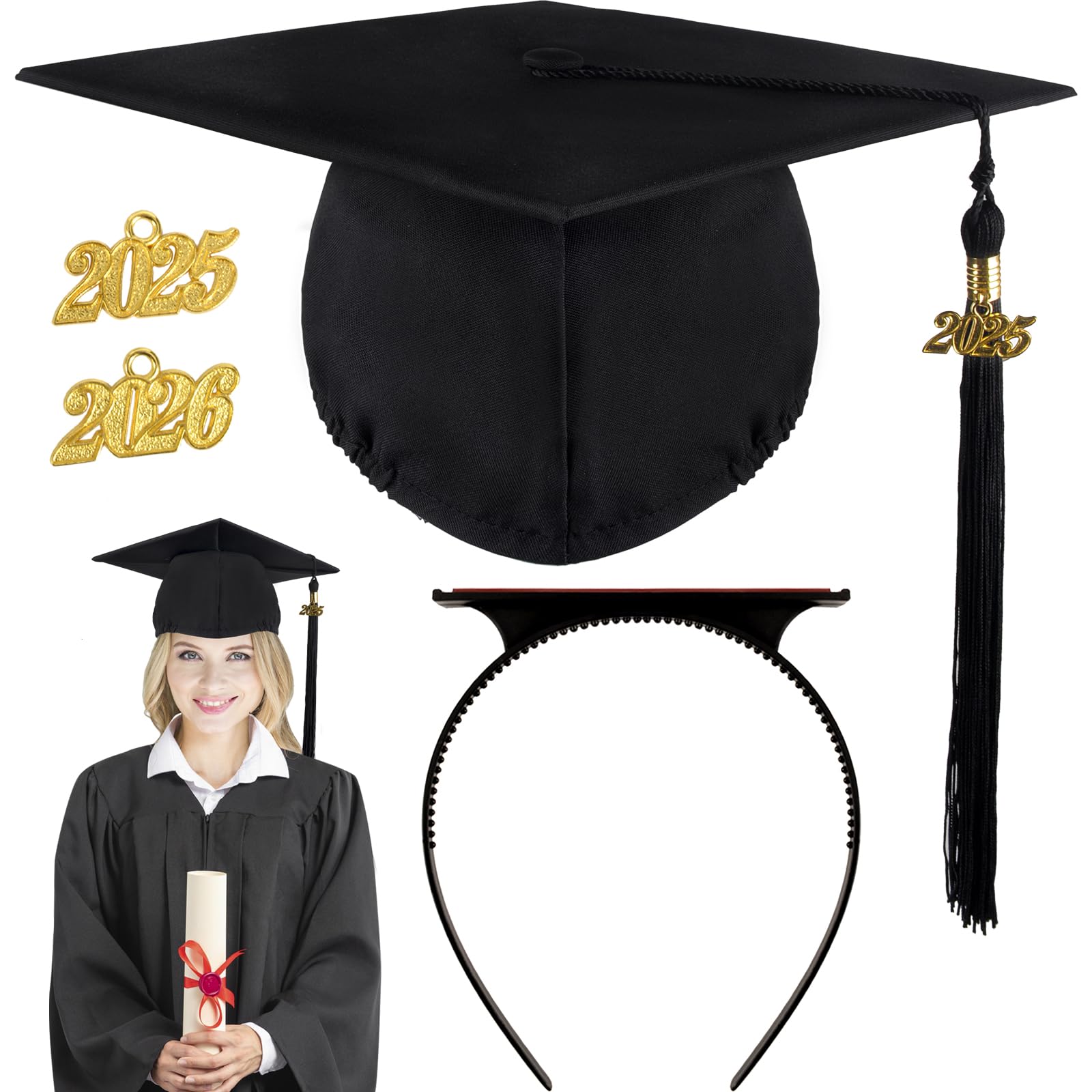 2025 Graduation Cap with Headband Tassel - Graduation Hat with 2025 2026 Year Charm & Caps Insert for School Bachelor, Black