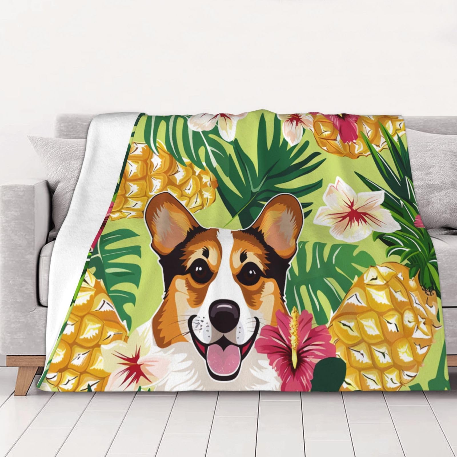 AUBKFELD Corgi Hawaiian Tropical Summer Pineapple Printed Flannel Blanket 125x100 CM, Soft & Warm Throw Blanket for Sofa/Couch/Bed/Car, Gifts for Audlts Women Men
