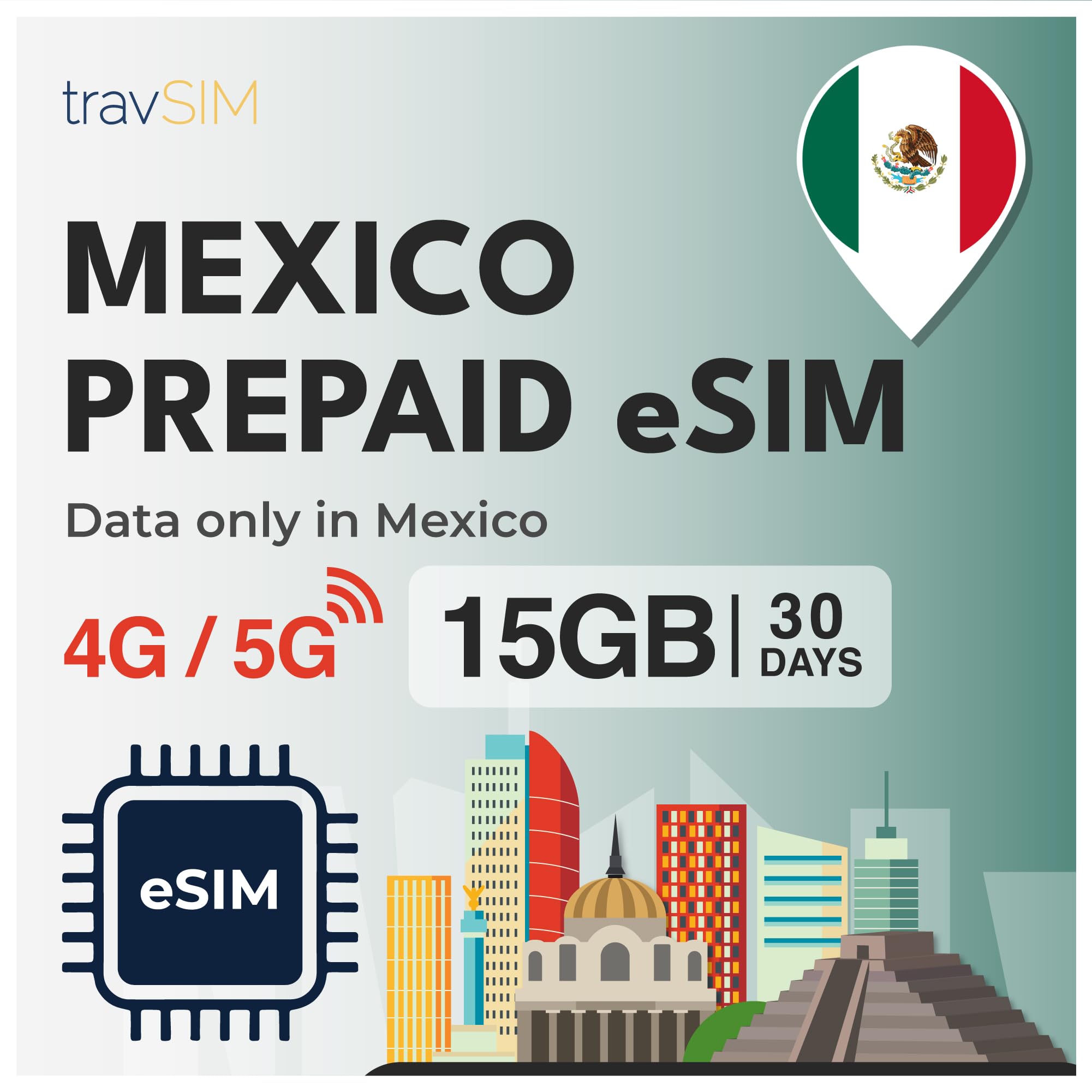 travSIM eSIM Mexiko | 15GB Mobile Daten | unbegrenzter Internetzugang für Google, Facebook, Whatsapp, Instagram und mehr | Der Plan auf Dieser SIM-Karte für Mexiko ist 30 Tage lang gültig.
