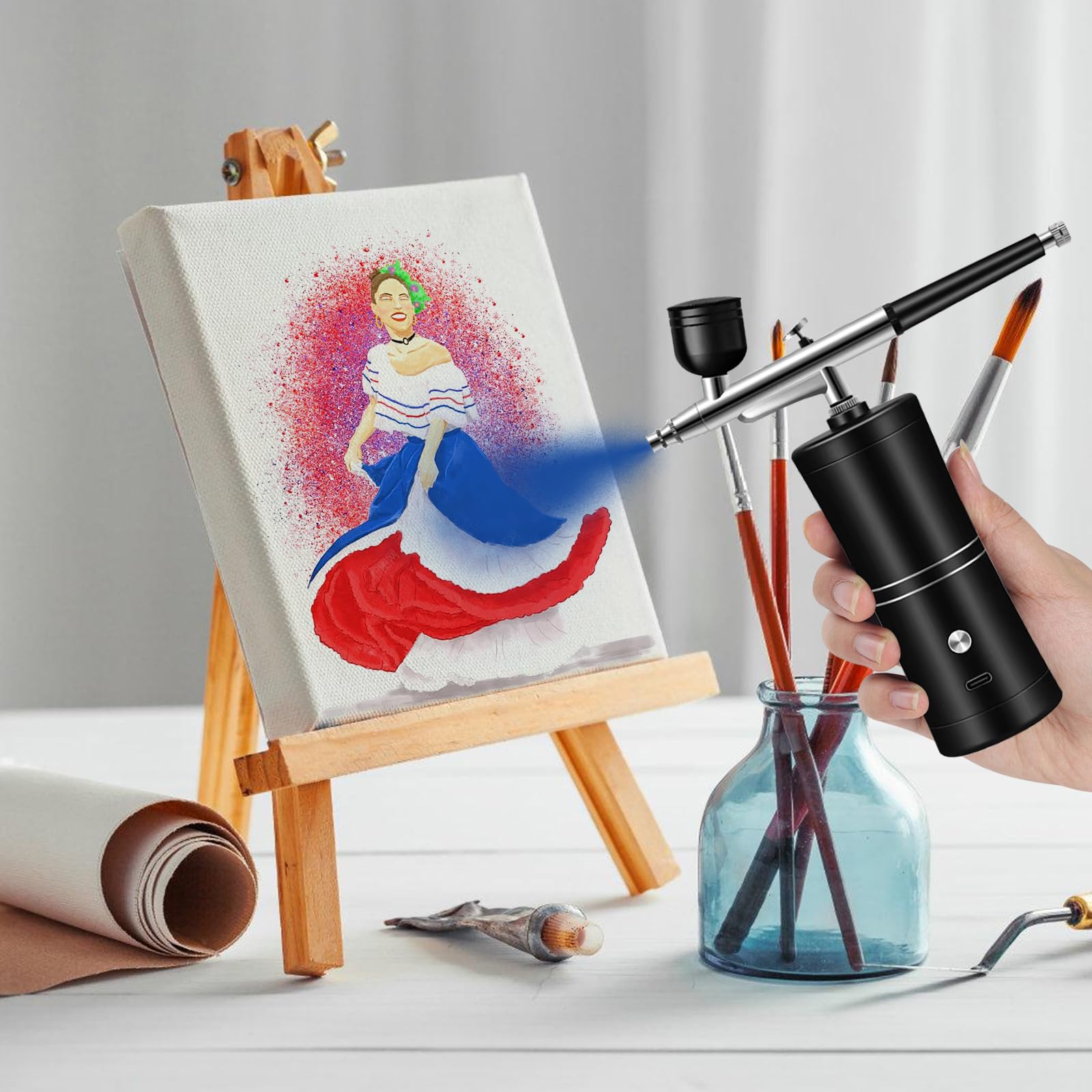 Kit de Aerógrafo con Compresor: Juego de Aerógrafo de Alta Presión Portátil, Aerógrafo Inalámbrico Recargable para Hidratación de la Piel, Arte de Uñas, Tatuaje, Pintura, Maquillaje, Pastel