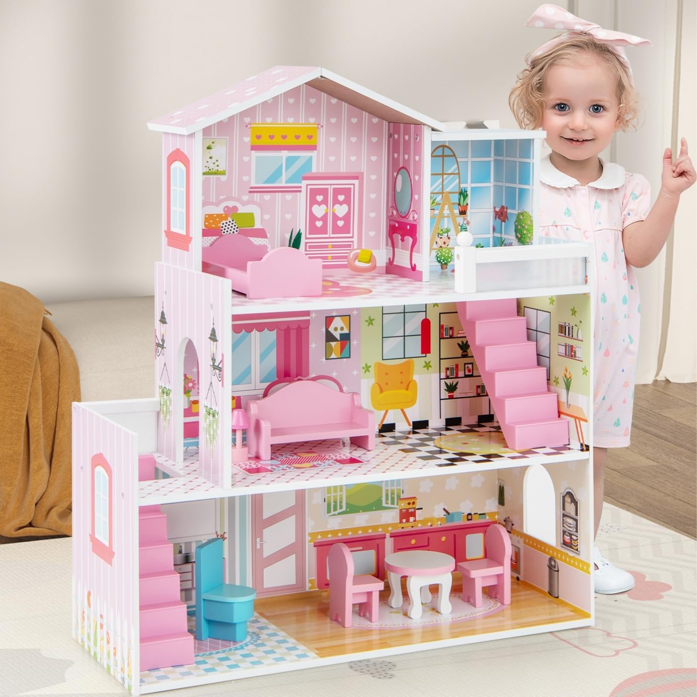 RELAX4LIFE Casa de muñecas de madera con 3 pisos, 5 habitaciones y muebles, accesorios y 2 escaleras y bonitos fondos, juguete para niños 3 años +