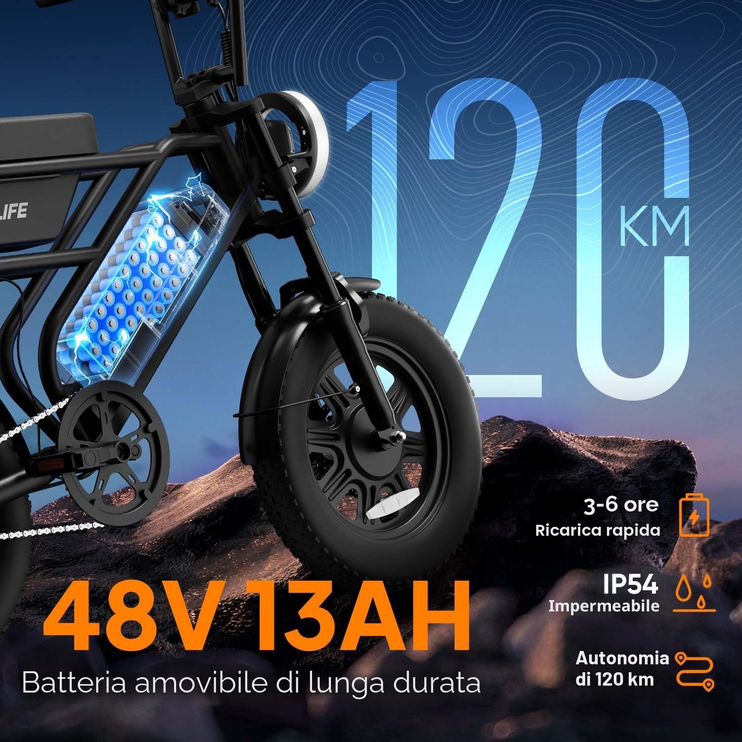 URLIFE Bicicletta Elettrica 16" x 3.0, Batteria Rimovibile da 48V 13Ah, Motore Brushless da 250W, Autonomia di 100km, Bici Elettrica con Doppia Sospensione, Scatola di Immagazzinaggio Ebike per Adulti