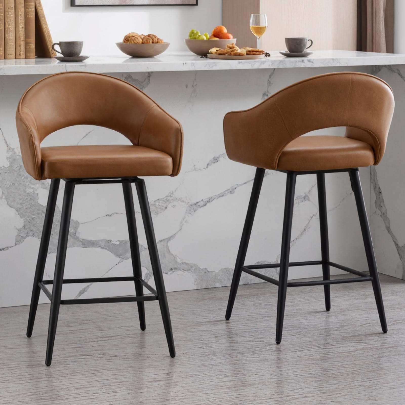– Swivel Breakfast Bar Stools with Legs Set of 2 PU Leather Counter Height Stool Adjustable High Stool with Arms (Brown(PU Leather)-2)