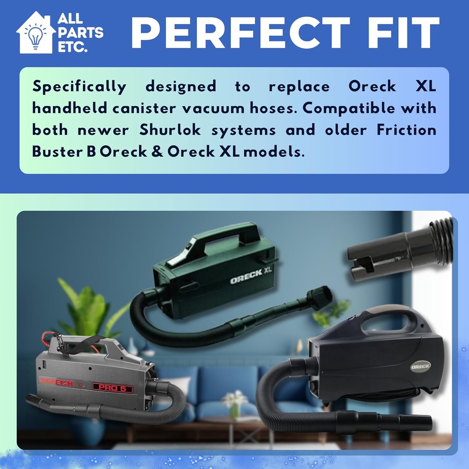 Replacement Hose for Oreck XL Canister Vacuum Attachments, Fits Shurlok or Friction Buster B Oreck Handheld Vacuum Models, Hose for Oreck Parts and Accessories (Non-Swivel, 10')