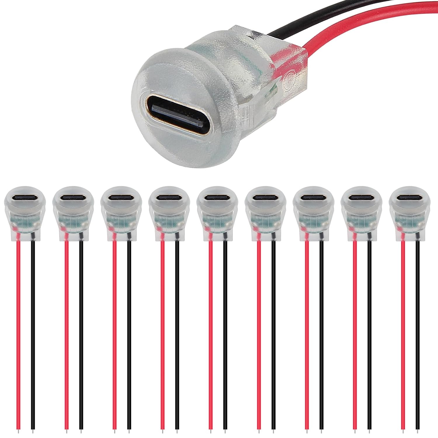 ACEIRMC 10pcs Type-C Female Chassis Waterproof 2P Wire Type USB C Pigtail Cable Extension Power Cable USB-C Plug to 2 Pin Bare Wire Open End Connector (Transparent Circular Strip Light)