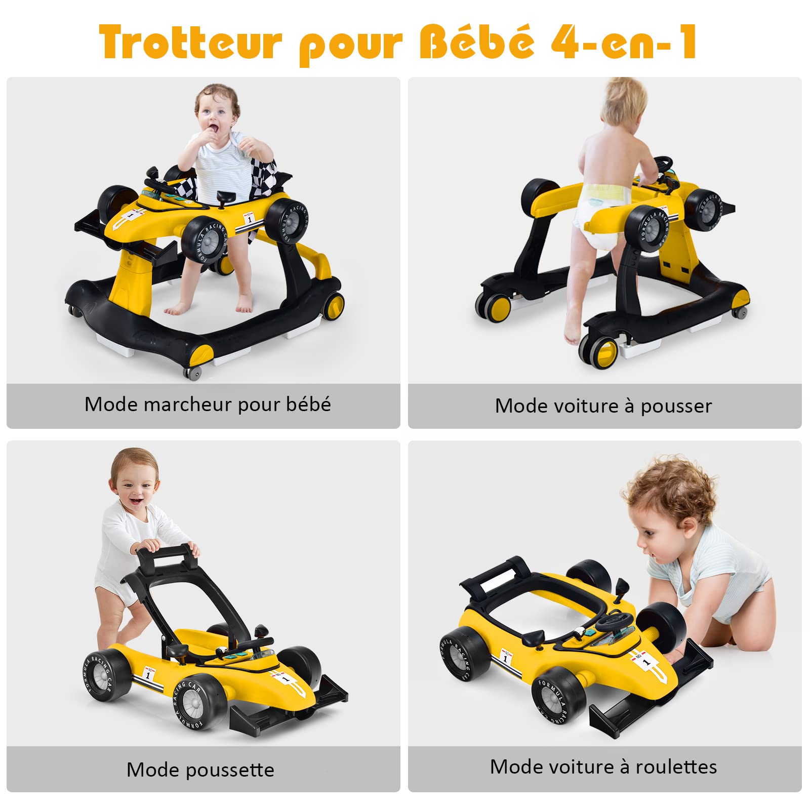 GOPLUS Trotteur Bébé Évolutif 4 en 1 Garçon Fille 6-18 Mois, Charge Max 12 KG, Trotteur Bebe Marche Pliable, Musique et Lumière, Hauteur Réglable en 3 Positions (Jaune)