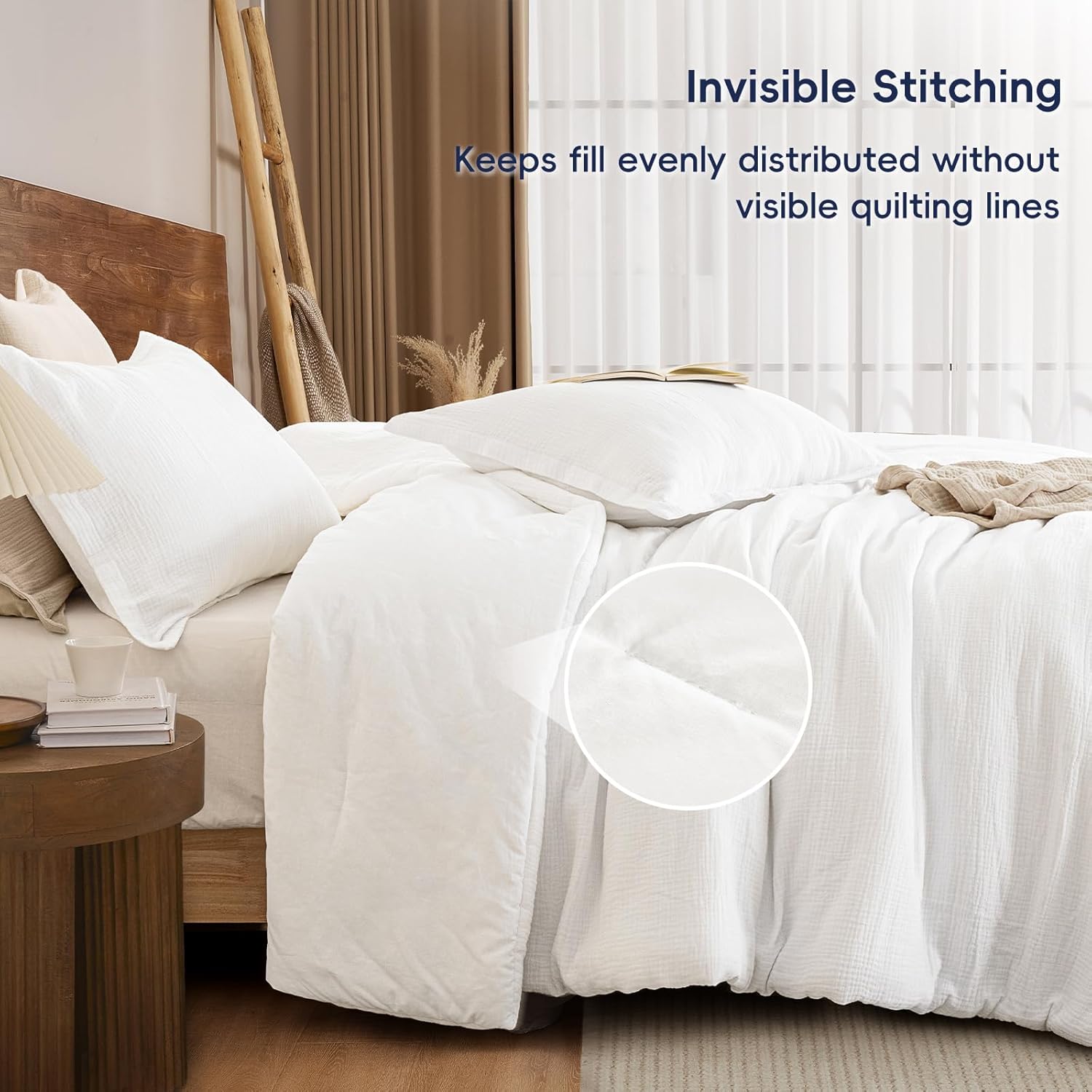 PHF Cotton Muslin Comforter Set King Size, Ultra Soft, Breathable & Lightweight All-Season Bedding, Filling: 100% Polyester, 3 Pieces with 1 Comforter 104"x90" and 2 Pillow Shams 20"x36", White