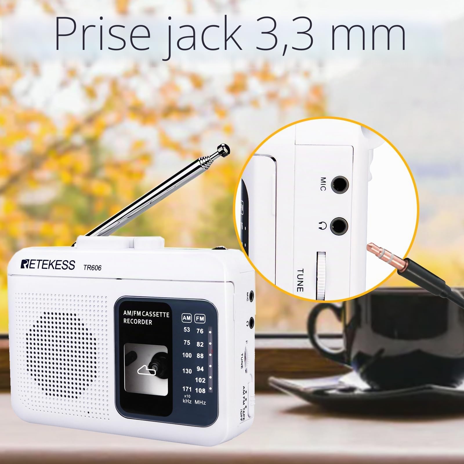 Retekess TR606 Radio Cassette Portable et Enregistreur, Poste Radio FM AM, Enregistreur à Cassette, Prise Casque 3,5mm, Avance et Retour Rapides, Cadeaux Entre Amis(Blanc)