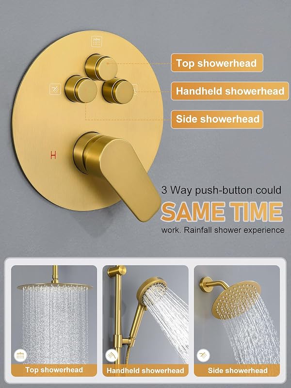 Woindo Shower Faucet Set with Slide Bar, 12" Rain Shower Head/8'' Side Shower Head and 10 Setting Handheld Ceiling Mount 3 Push Button Diverter Complete Rainfall Shower System Included Valve Trim Kit by Woindo - Used condition - Image 7
