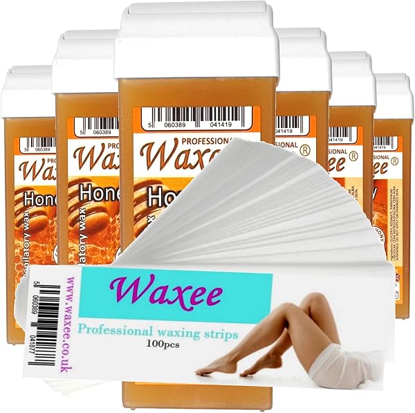 6x 100ml roll on wax, roller wax cartridge Honey + 100 strips Body & Leg waxing, from UK Brand- Waxee - 1