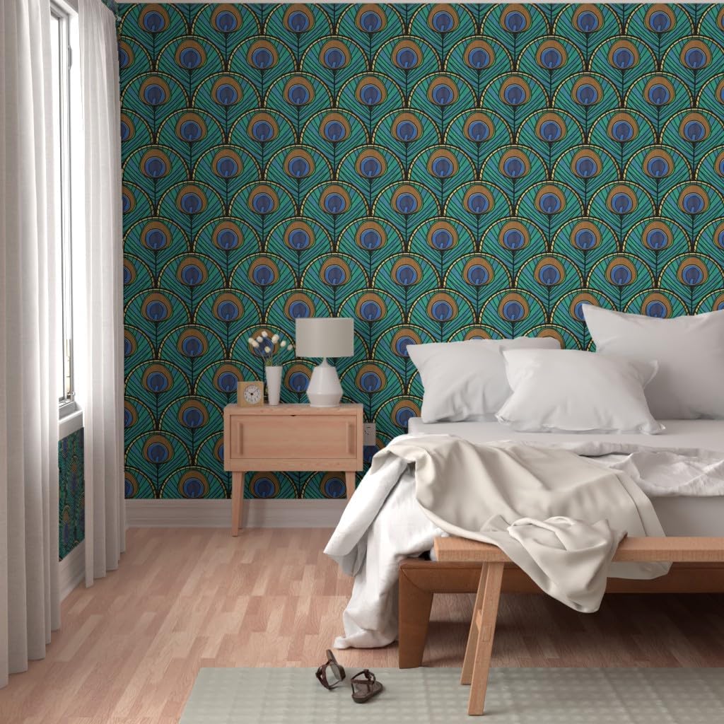 Removable Wallpaper 12ft x 2ft - Peacock Art Deco Fan Pattern Feather Blue Green 1920S Vintage Inspired Gold Animal Print Scallop Custom Pre-Pasted Wallpaper by Spoonflower