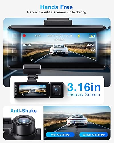 Miniatura 3 de Cámara de tablero 4K frontal y trasera, cámara de tablero de 3 canales con visión nocturna IMX335, WiFi GPS, control de voz, cámara de tablero