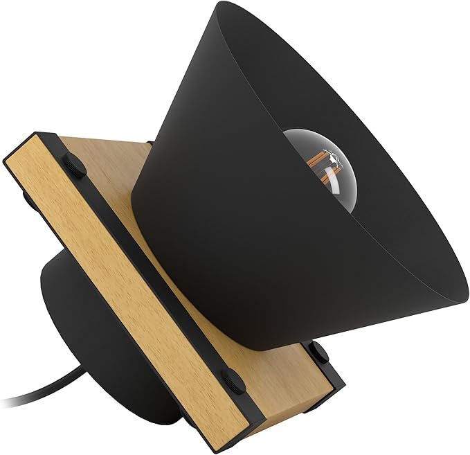 Eglo EGLO Tafellamp Maccles, decoratief nachtlampje, FSC100HB, woonkamerlamp van zwart metaal en hout, tafel lamp voor woonkamer en slaapkamer, E27 fitting