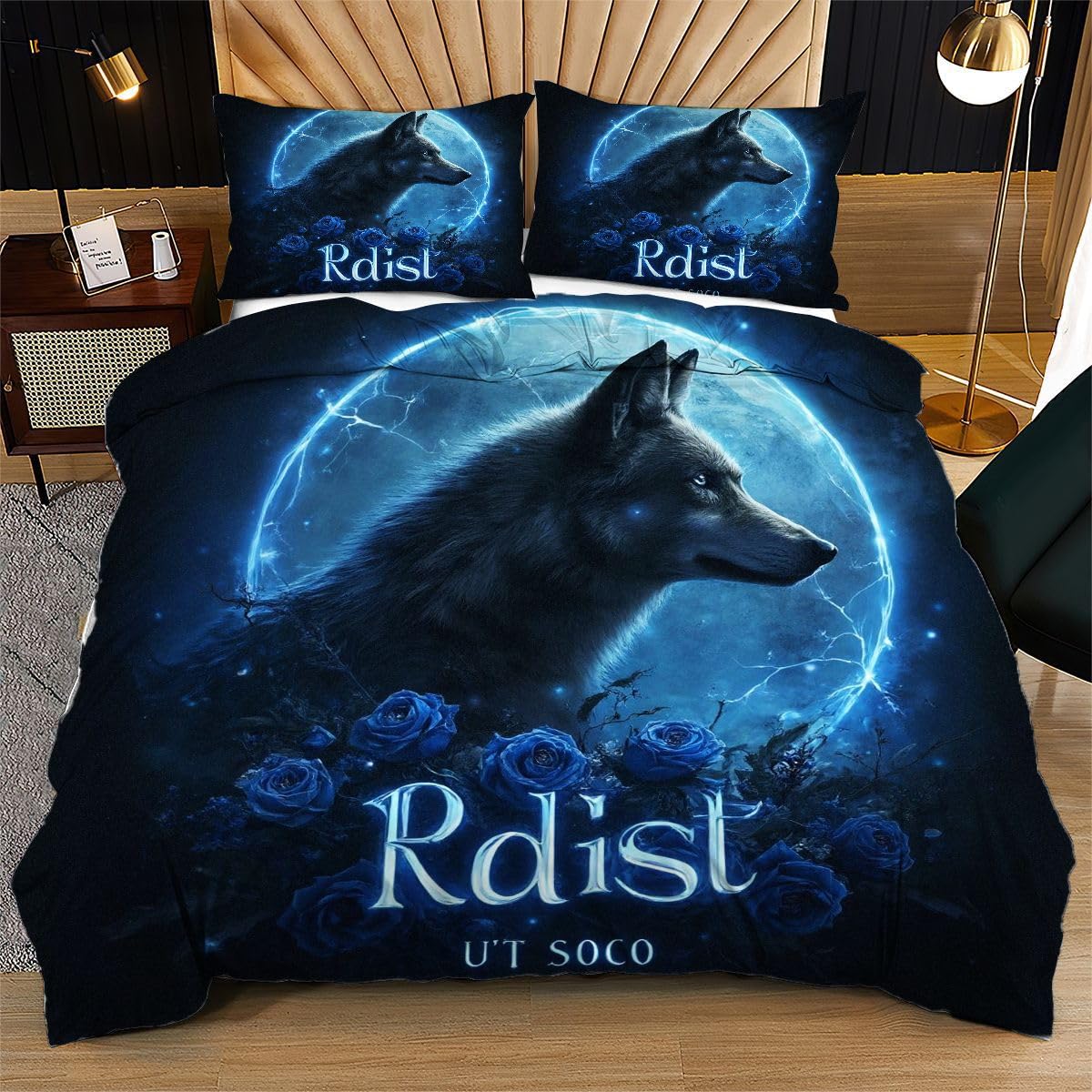 Funda de edredón doble de lobo azul fluorescente ropa de cama 79 x 79 pulgadas para adultos