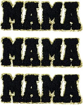 3PCS Mama Iron On Patch Chenille Letters with Glitter Edge Embroidered Applique for Clothing Trucker Hats Jackets Jeans Backpacks Bags Gift for Mom Girl Women Mothers Day DIY CraftsBlack