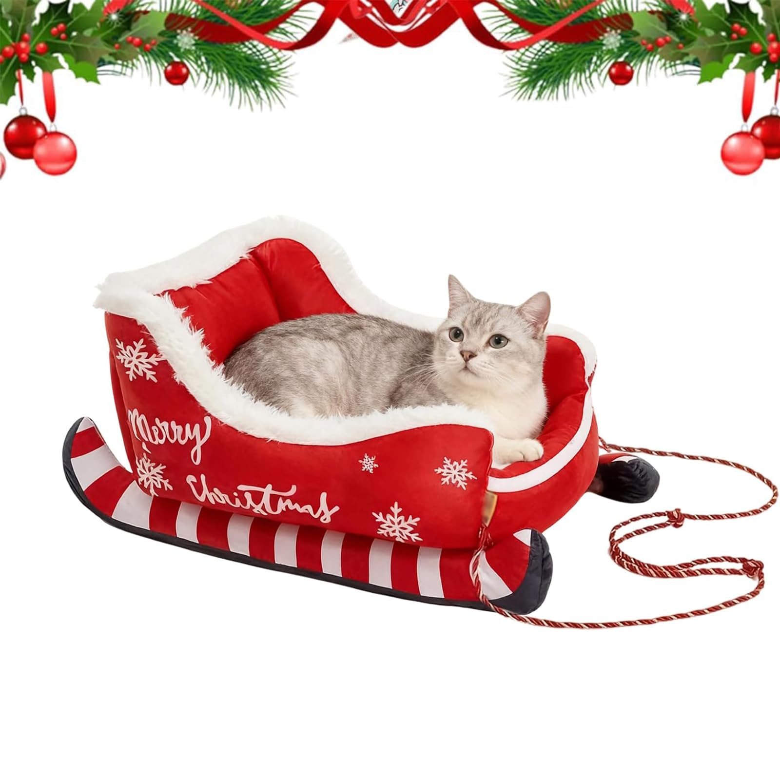 Christmas Sleigh Dog Bed, Festive Plush Cosy Dog Bed, Removable & Washable Plush Pet Warm Sofa with Non-Slip Base (Red,Large)
