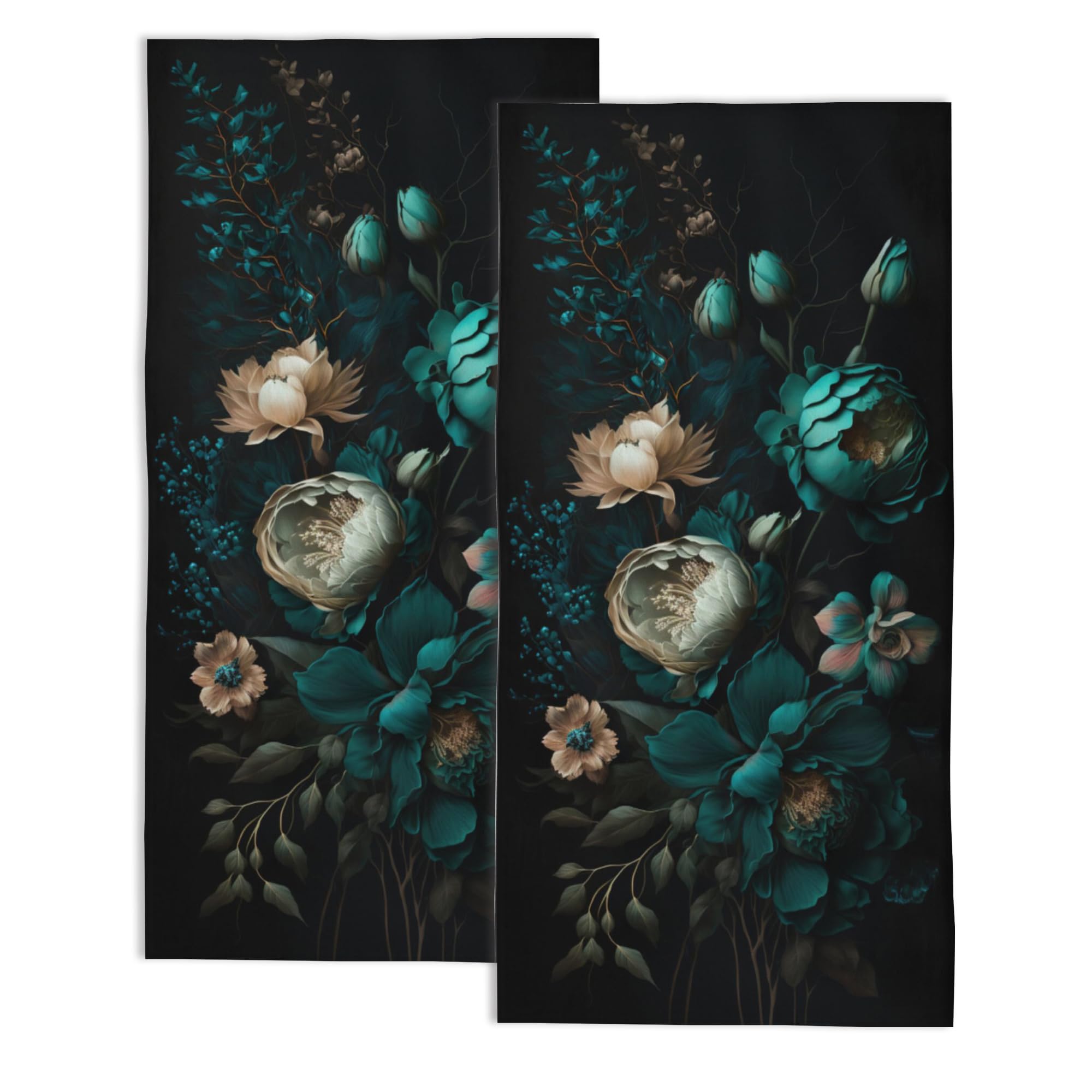 Snowmolle Teal Flowers Hand Towels for Bathroom Set of 2,Floral Bath Towels Art Decorative Soft Bathroom Towels for Kitchen Guest Gym Spa 14x28in
