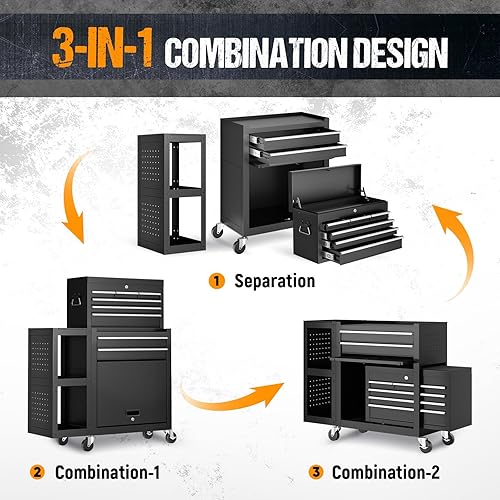 Miniatura 7 de Caja de herramientas con ruedas de 8 cajones, caja de herramientas de alta capacidad con ruedas, carrito de herramientas de garaje resistente con