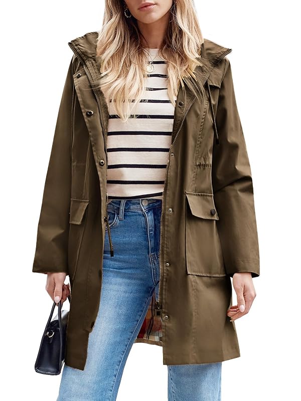 SaphiRose Women's Waterproof Rain Jacket Lightweight Raincoat Hooded Windbreaker Trench Coat (Brown/Plaid,Medium) by SaphiRose - Used condition - US$41.79