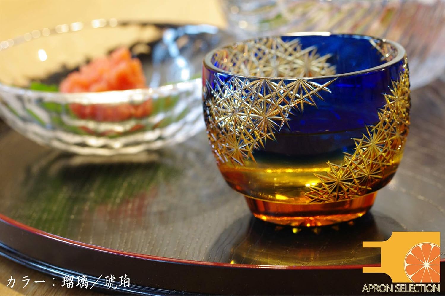 Cut Glass 江戸切子 Edo Kiriko, Japanese Traditional Craft in Gift Box 光る宙 Milky Way (Green/Amber)