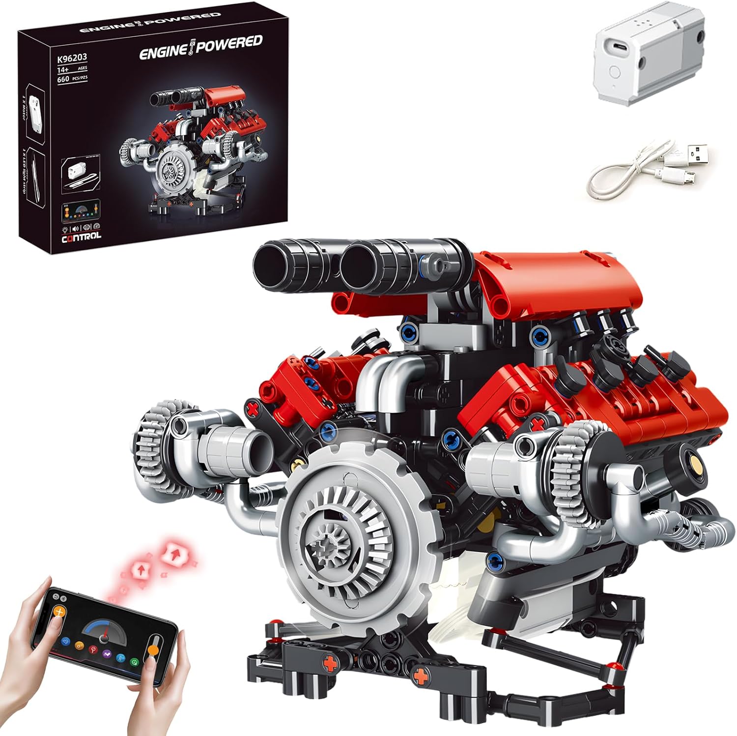 V8 Engine Building Block Sets for Adults Engine Model Kit That Works App Controlled Toys for Kids Boys and Girls 665 Pieces