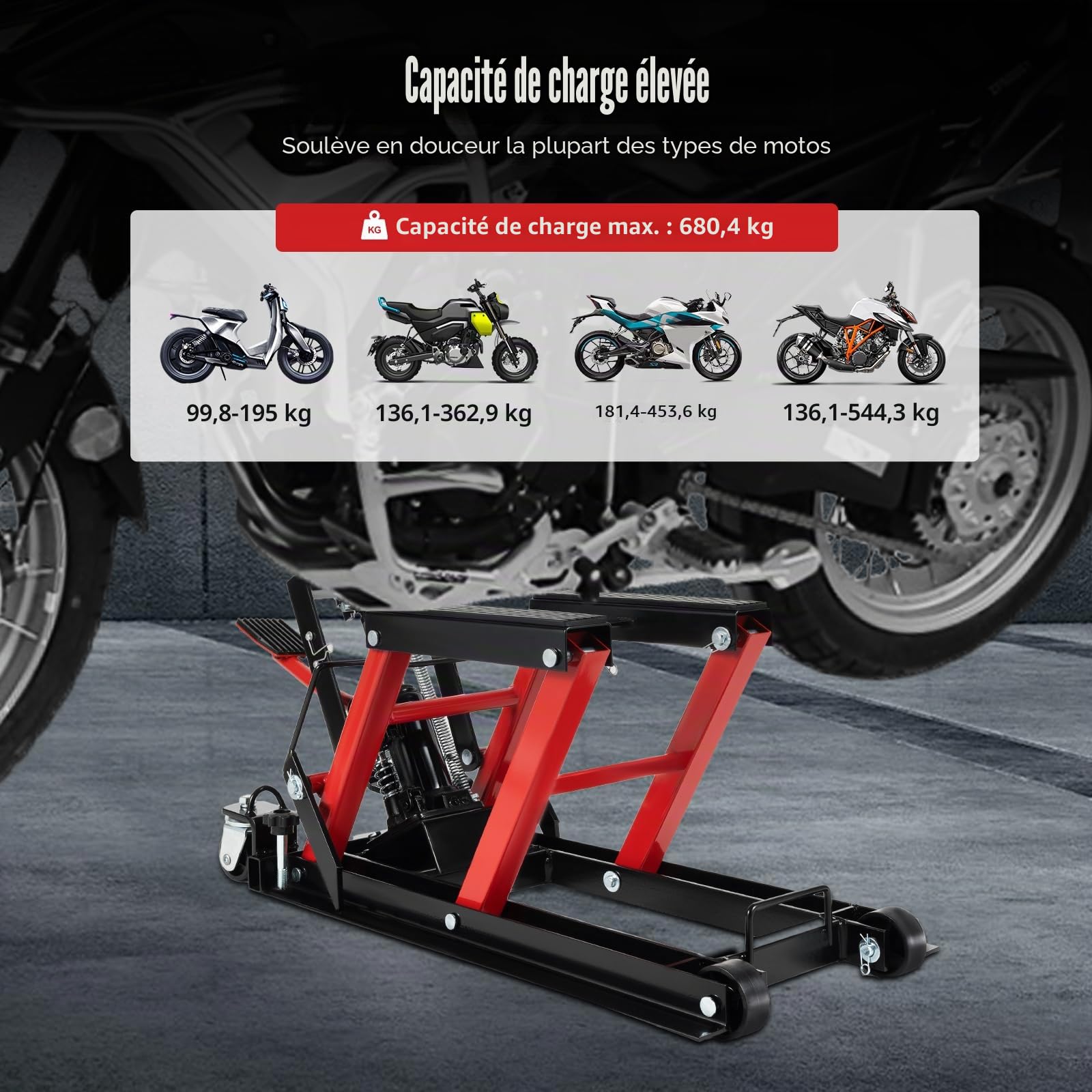 Cric de Moto - 680 kg - pour Moto, élévateur hydraulique Rouge