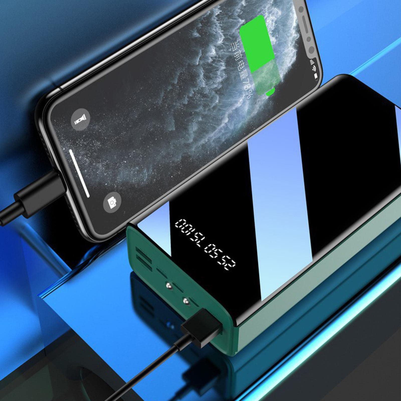 600000mAh Power Bank Mirror Screen Display a LED Poverbank Caricabatterie esterno portatile Powerbank per telefoni cellulari Nero