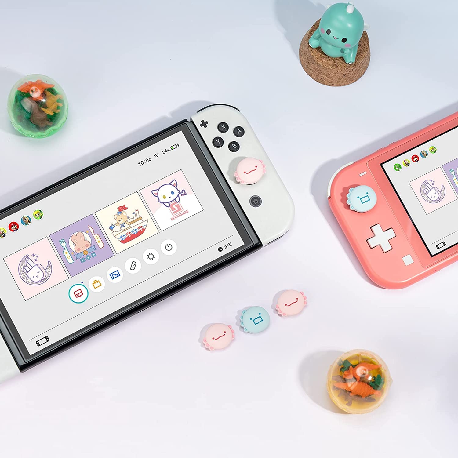 GeekShare Lindas tapas de silicona para el pulgar Joycon, funda para joystick compatible con Nintendo Switch/OLED/Switch Lite, 4 unidades, dinosaurio y ajolote