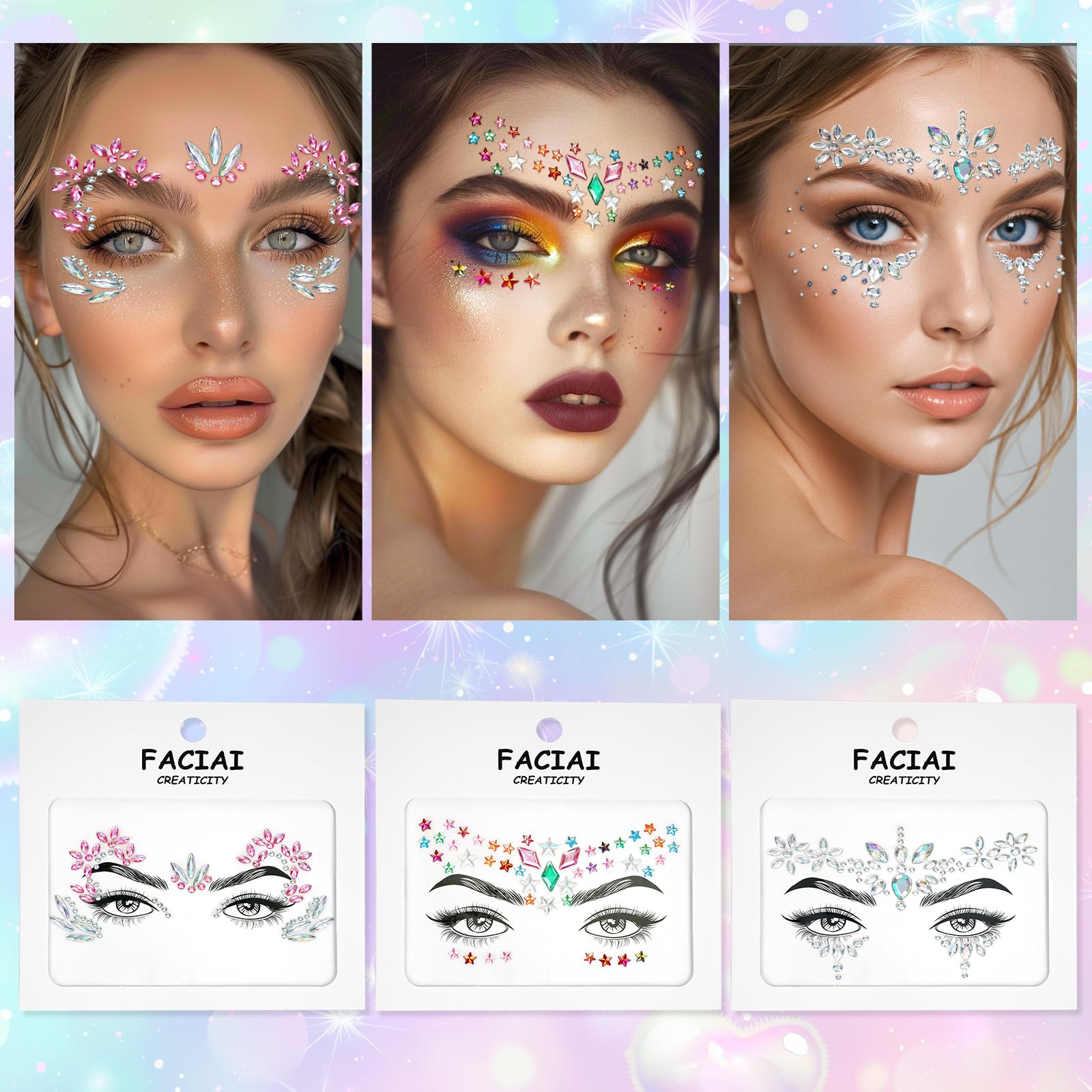 Canvalite Face Gems, 9 Pcs Long-Lasting Rhinestone Face Glitter for Music Festival & Parties, Waterproof & Hypoallergenic - Image 3