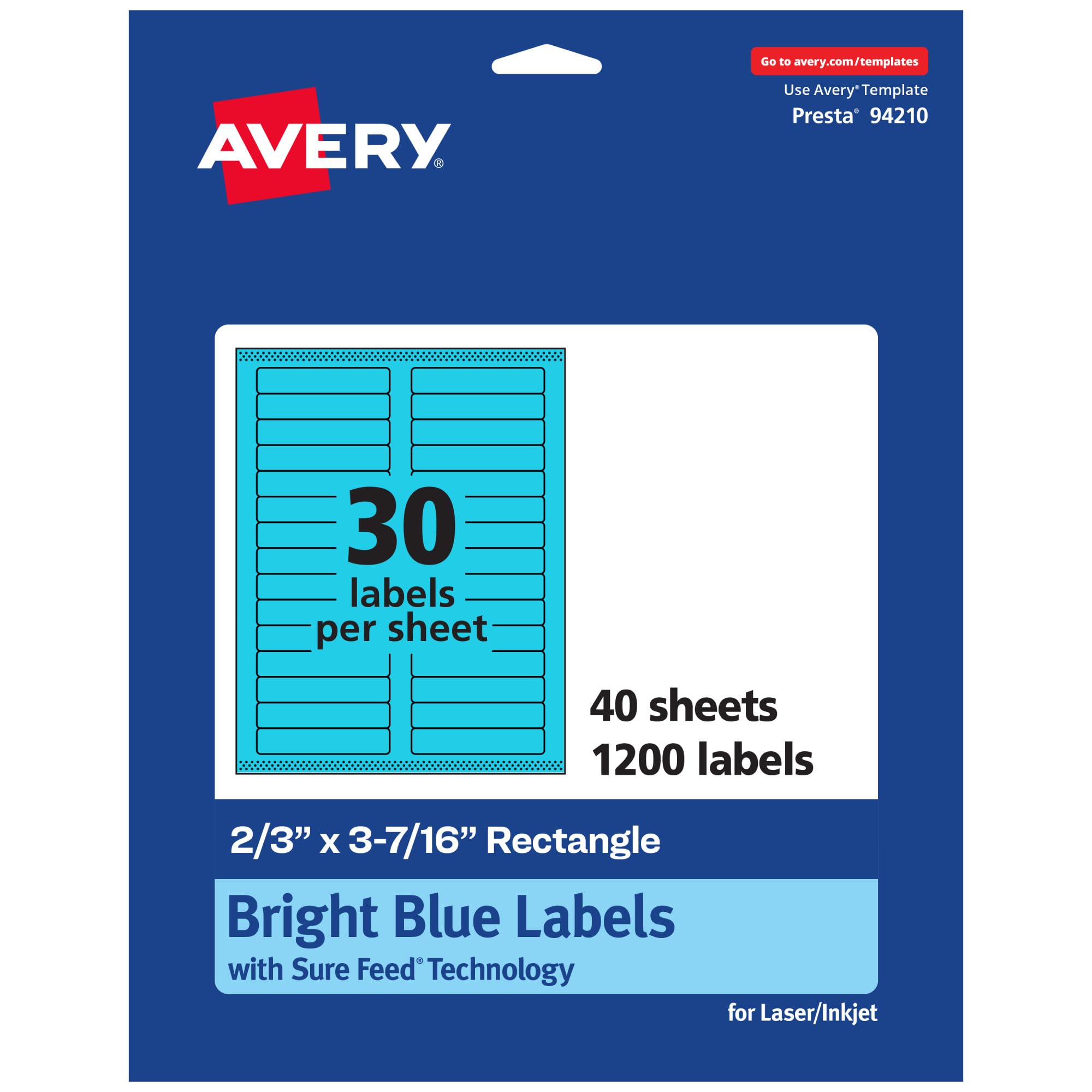 Avery Printable Rectangle Labels, Sure Feed Technology, 2/3" x 3-7/16", Bright Blue Labels, Laser/Inkjet Printable, 1,200 Total, Great for Mailing and