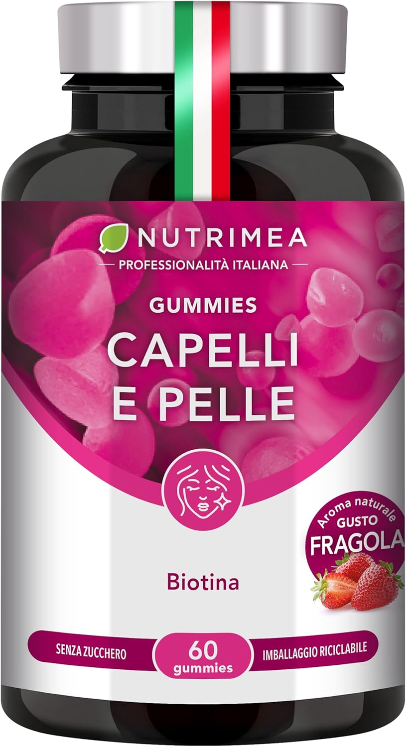 Gomme per capelli e pelle | Biotina, Zinco e Selenio | Integratore senza zucchero | 60 caramelle gommose vegane | Gusto Fragola