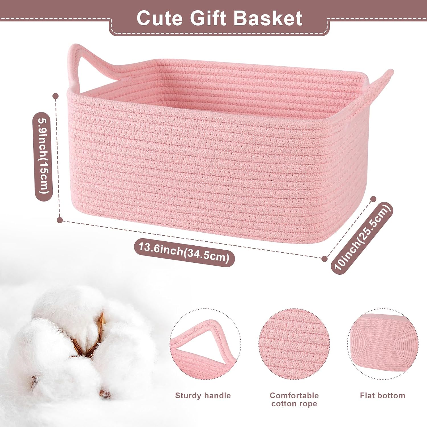 OIASKET Basket for Gifts Empty, Woven Storage Basket with Gift Bag, Ribbon and Wrap Tissue Paper, Small Rope Toy Storage with Handles for Baby Shower, Dog Toy Organizer, 13.6" x 10" x 5.9”, Pink