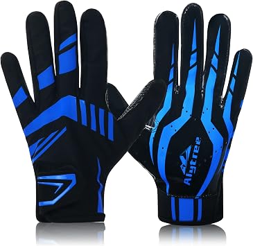 Football Gloves for Kids 8-12,No-Slip Youth Wide Receiver Glove,Enhanced Performance Silicone Gloves, Adjustable Super Sticky for Boys and Girls Blue-Black-M/L