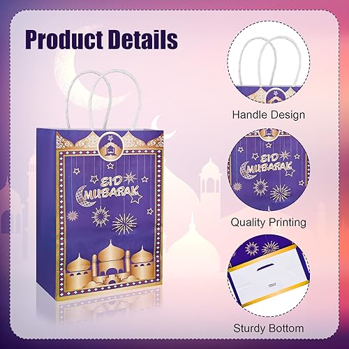 Miniatura 3 de PEUTIER 12 bolsas de regalo de Eid Mubarak con asa, bolsas de regalo de Ramadán azul dorado para Ramadán, bolsas de papel musulmán Eid Al-Fitr para