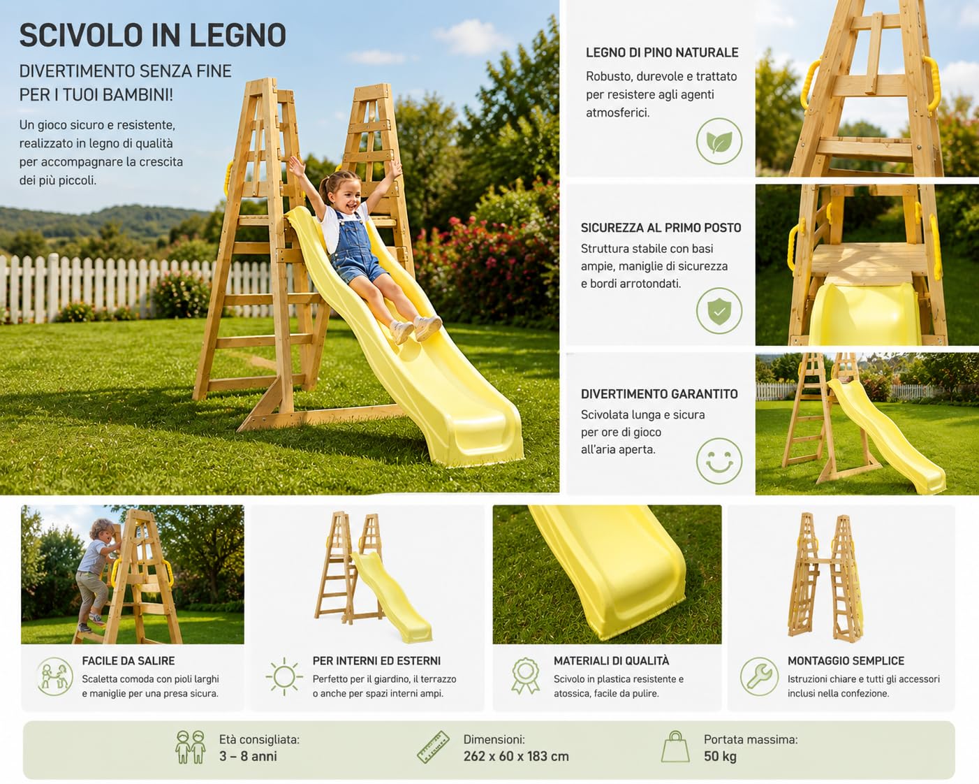 Scivolo per bambini da esterno, SCIVOLO da Giardino in Plastica per Bambini con Solida Struttura in Legno 4 Gradini. Dimensioni 262x60x183cm. (Premium)