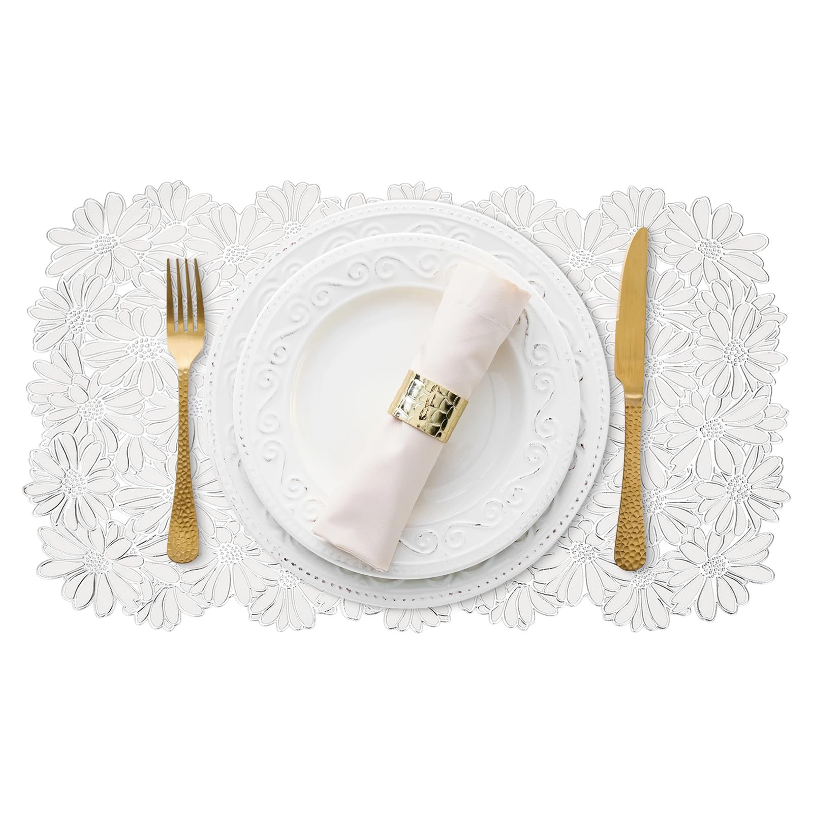 sourcing map 4Pcs Light Gray Rectangle Placemats, 30x45cm Metallic Dinner Table Mats Hollow Floral Out Pressed Non-Slip Wipeable Hot Dish Pad Trivet Pot Rest for Dining Tables Kitchen Party