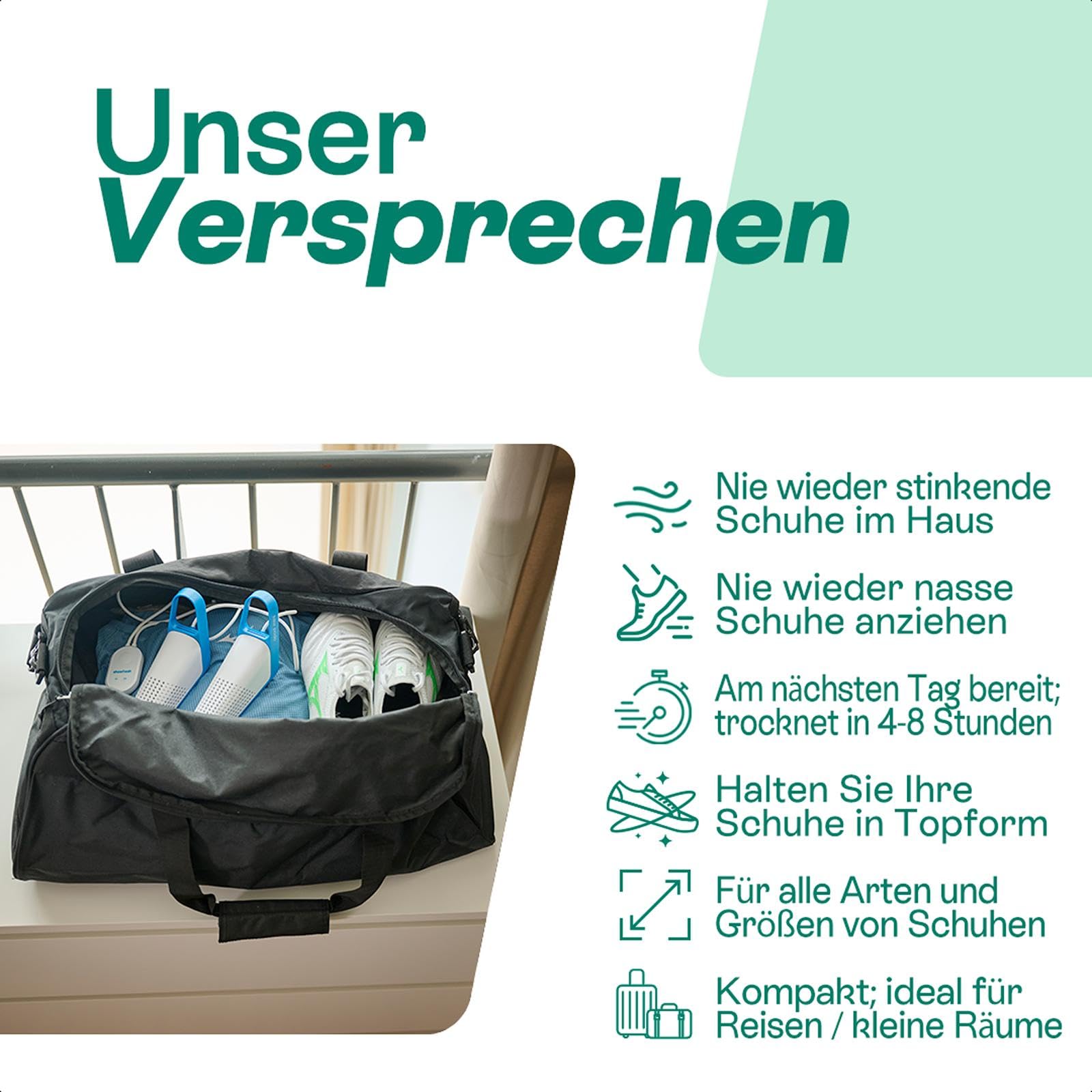 Shoefresh Opod Mini Elektrischer Schuhtrockner & Schuhdeo | Tragbares Schuhdeo gegen Geruch antibakteriell mit leistungsstarkem Lüfter | Fußballschuhe, Turnschuhe, Boxhandschuhe | USB-C Adapter, Timer
