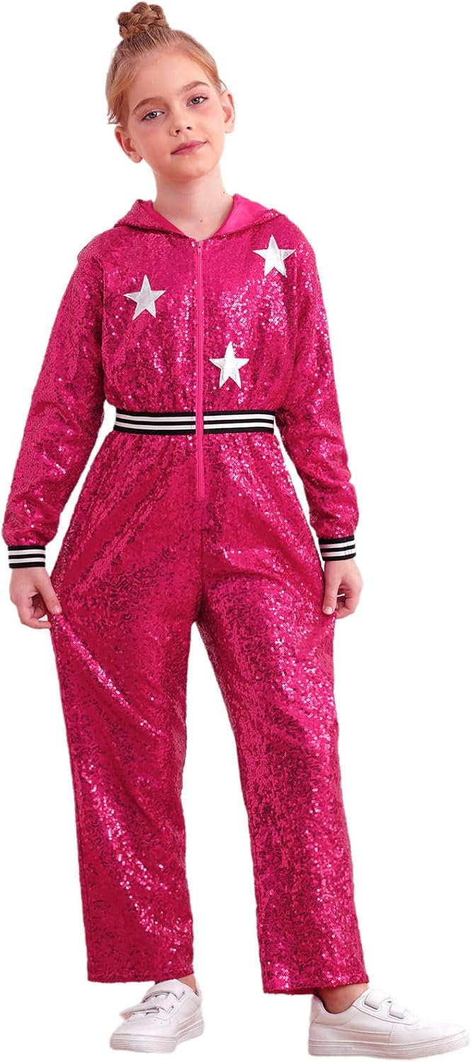 Kids Girls Disco Hip Hop Jazz Street Dance Outfits Long Sleeve Sequins Hooded Jumpsuit