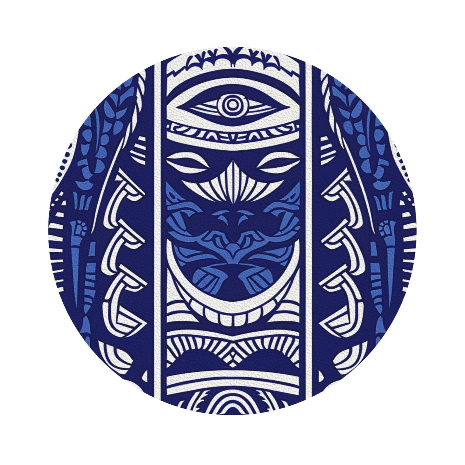 Blue Polynesian Maori Tribal Pattern Print Leather Coaster Set of 6, Round Shape Coasters Table Decorative Coffee Cup Beverage Coasters Wine Beer Bar Coasters for Hot Drinks Table Protection