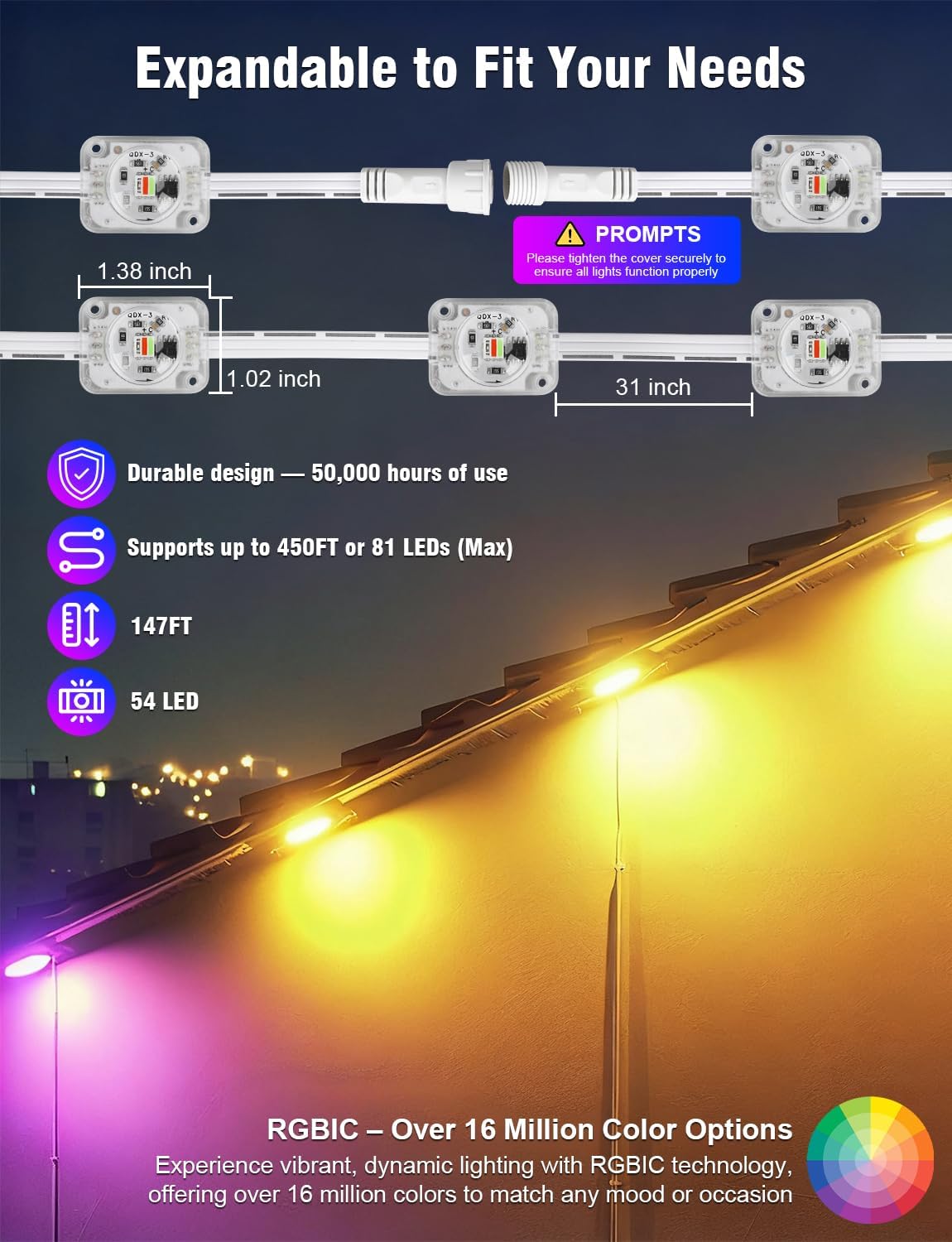 Permanent Outdoor Lights 150FT RGBIC LED Smart LED Light, App/Remote Control IP68 Waterproof for Holiday Decor, 50 Scene Modes, DIY Lights Color Lighting Timing for Christmas Halloween Party