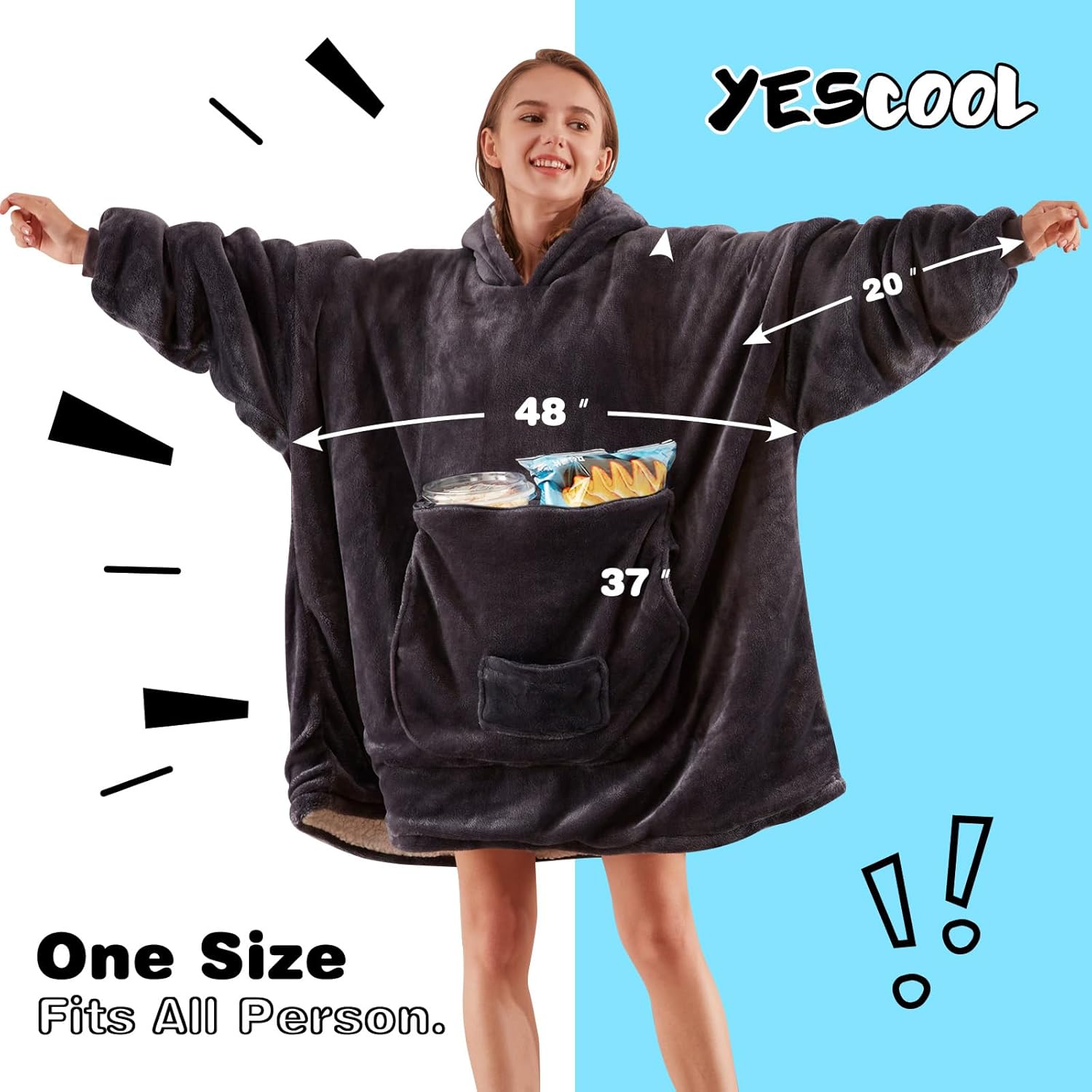 yescool Wearable Blanket Hoodie, Oversized Sherpa Hooded Blanket Sweatshirt, Giant Warm Fuzzy Fleece Lounging Blanket with Hood Sleeves Pocket, Soft Comfort Packable for Women Men Adults (Grey) - Image 3