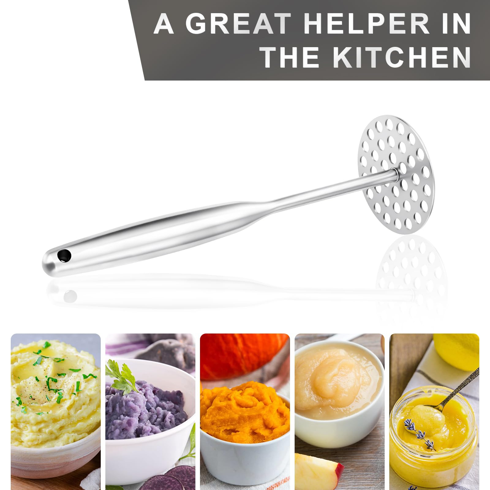 Aplastador de Patatas, Machacador de Acero Inoxidable, Apto para Lavavajillas, Potato masher Para Aplasta Patatas,Frutas,Verduras(25.3 x 8.7 cm)