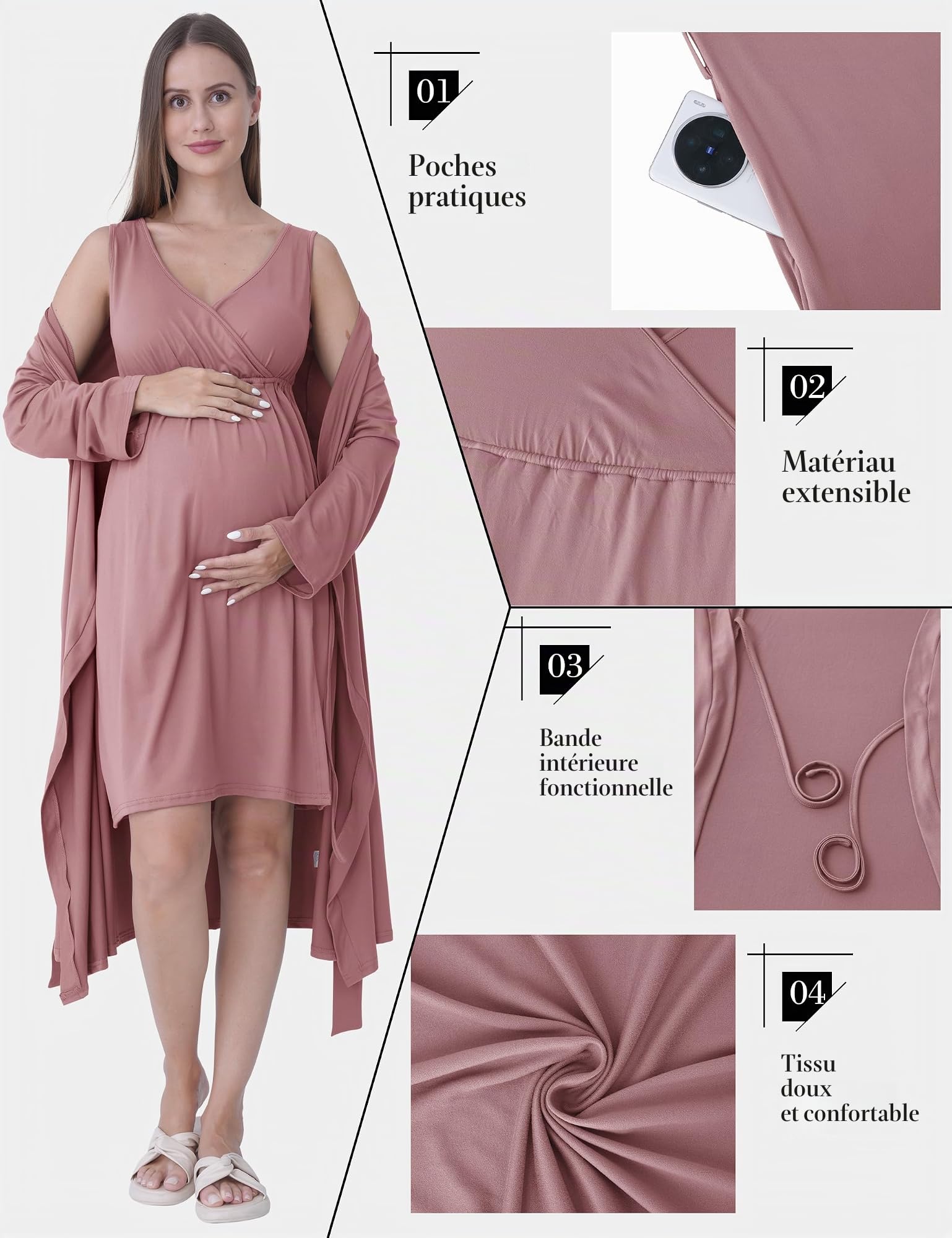 SUNNYBUY Chemise de nuit de maternité et d'allaitement 2 pièces ensemble de robe de nuit 3 en 1 pour grossesse, accouchement et allaitement, vêtements de nuit pour hôpital, Rose poudré, L