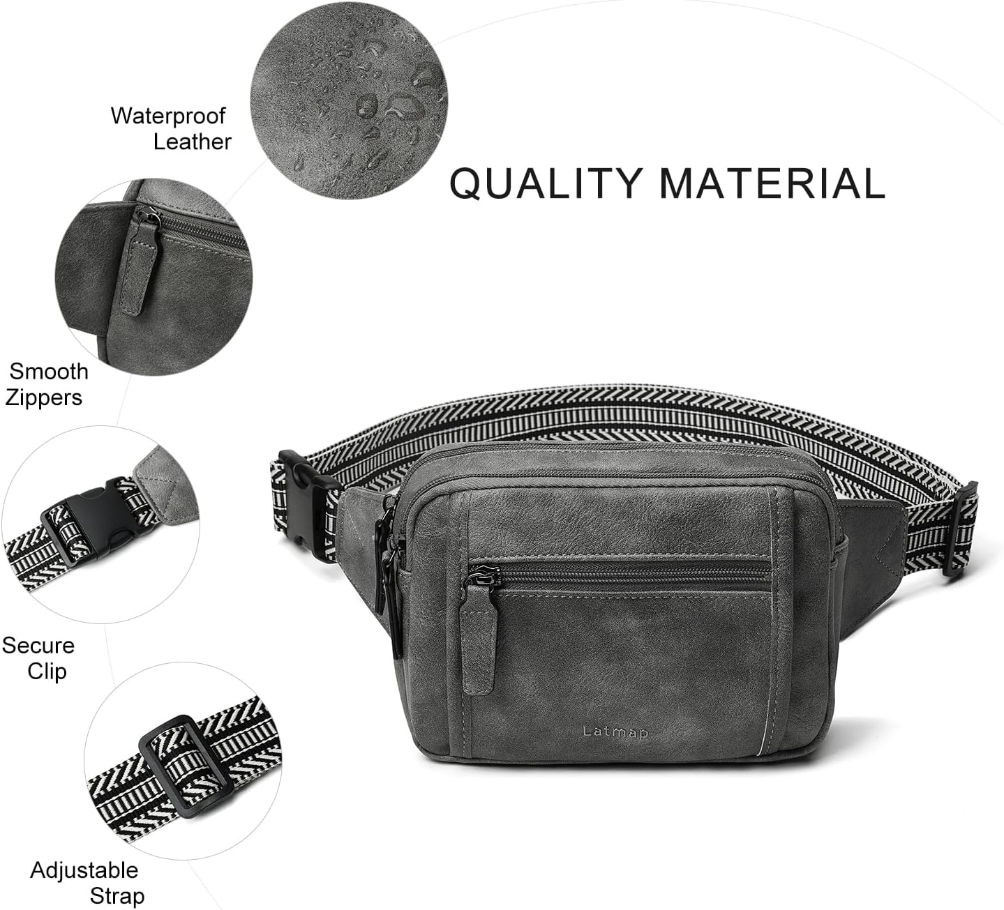 3L TRIPLE ZIP Fanny Packs Belt Bag For Women Men Crossbody Waist Pack Sling Chest Bum Travel Bag Purse Faux Leather Fashion Cute Dark Grey - Image 7