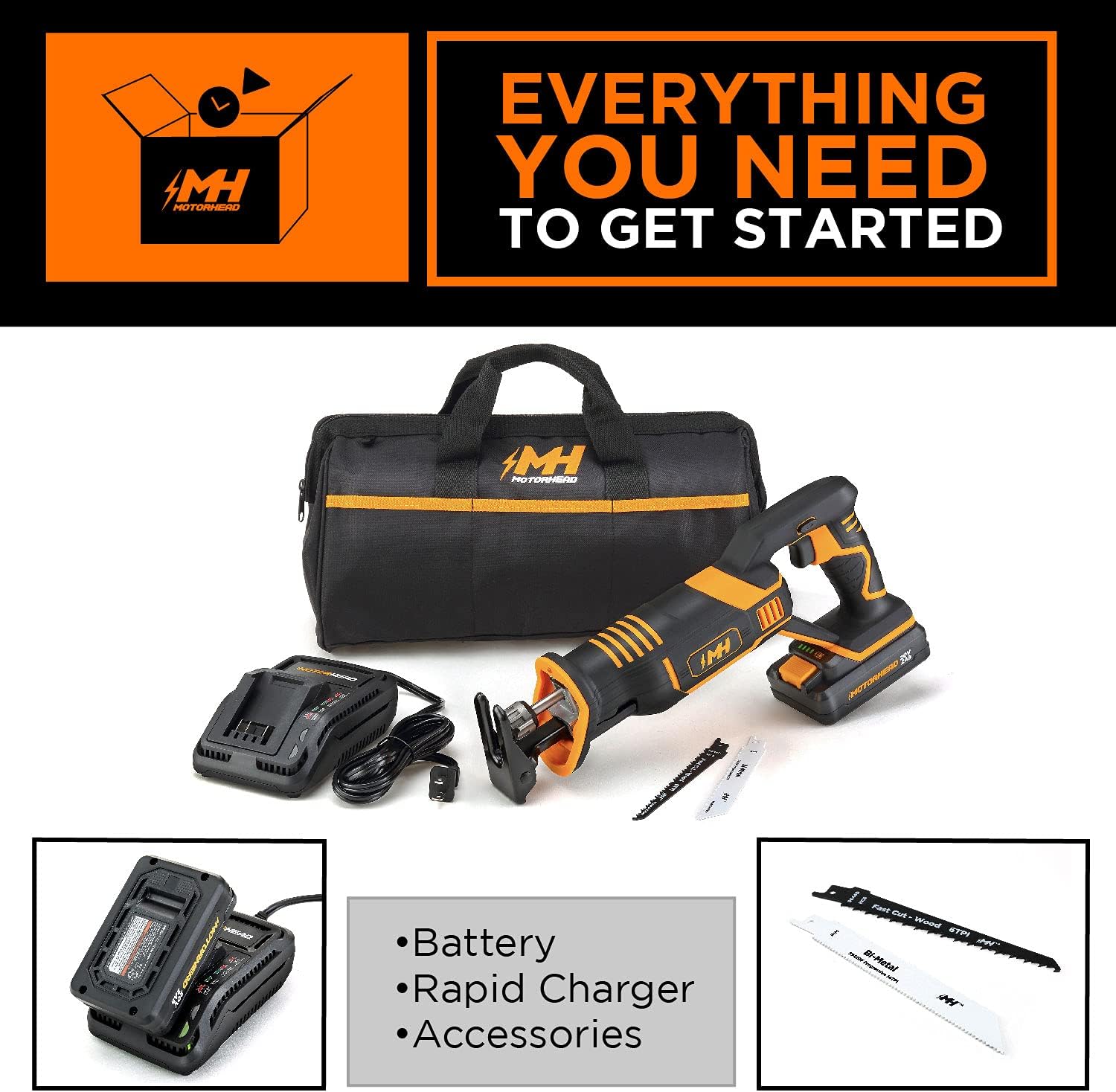 MOTORHEAD 20V ULTRA Cordless Reciprocating Saw, Lithium-Ion, Tool-Free Blade Change & Guard, 1” Stroke, 0-3000 SPM, Variable Speed Trigger, 2Ah Battery, Quick Charger, Bag, 2 Blades, USA-Based